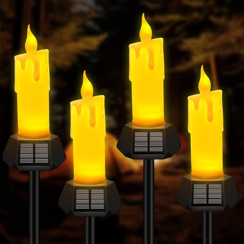 SINGCHUNGTE 【4 Stück】 Solar LED Kerzen, Flammenlose Kerze mit Echter Flackernder LED Flamme, Outdoor Wasserdichte Flammenlose Kerzen, Bewegliche Flamme