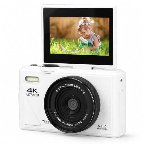 Fotocamera Digitale, 4K 64MP UHD 180° 3 IPS Flip Screen Camera, Fotocamera Compatta con Zoom Digitale 18X, Autofocus Punta e Scatta per Registrazione Fotografica (WHITE)