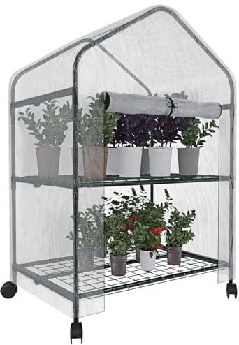 Serra Da Giardino Per Orto A 2 Ripiani Telo In PVC Trasparente Telaio In Acciaio Verniciato Porta Avvolgibile Apertura A Cerniera Protezione Piante Giardinaggio (2 Ripiani)