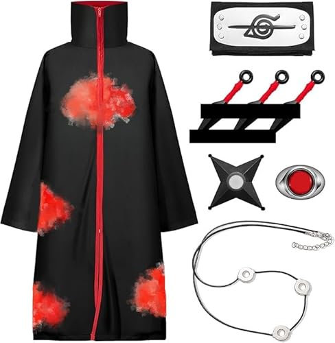 Kitimi Mantel Umhang für Kinder Erwachsener, 8 Stück Unisex Kostüm Anime Cosplay Halloween Herren Umhang mit Stirnband Ring Halskette Zubehör Junge Cosplay für Karneval Halloween Weihnachten Party