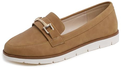 Feversole Comfort Women's Leather Daily Loafer, Pelle da Donna Loafer Giornaliero Driving Flats Flessibile Walking Boat Shoes Pelle Nabuk Cammello con Fibbia Dorata 39