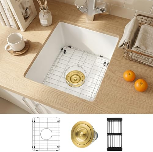 MILOSEN Lavello da bar sottopiano bianco, 13 × 15 pollici piccolo bianco bagnato bar o lavandino di preparazione, 9 pollici profondo granito composito esterno bacino a vasca singola con accessori