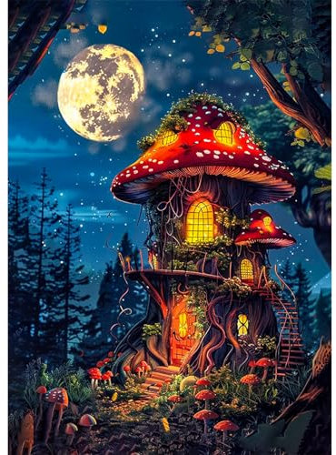 KEYIFA Fantasie Pilz Haus Diamond Painting Set, 5D DIY Vollbohrer Basteln Bilder Diamond Painting mit ZubehöR, Crystal Art Foto Diamond Painting FüR Erwachsene, Home Wand Dekor 30x40cm