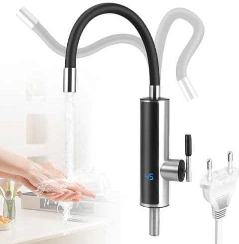 Wasserhahn mit Durchlauferhitzer Küche, 3000W Elektrischer Heizung Wasserhahn, Sofort Warm Küchenarmatur mit LCD Temperaturanzeige, 360º Drehbarer Silikonschlauchhahn, 304 Edelstahlgehäuse