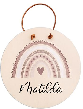wunderwunsch Türschild Kinderzimmer, Namensschild, Holzschild Kinder personalisiert, Kids and Baby, Deko Babyzimmer individualisiert (Regenbogen rosa, 14cm Durchmesser)