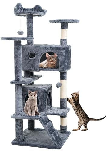 Crystals 138 cm_68 cm Cat Tree Tower – Multi-Level Cats Activity Centre with Scratching Posts, Condos, Ladder & Platforms – Indoor Cat Climbing House for Play, Rest & Fun (138cm Charcoal Grey)