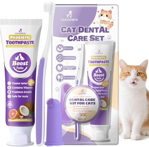 VVHOMIFE Cat Toothbrush and Toothpaste Kit - Includes Toothpaste (Coconut Chicken 2.5 oz.) Soft Brush, Finger Brush - Provides Safe and Effective Oral Care for Kittens and Adult Cats