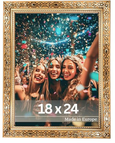 VictoR Vintage Bilderrahmen Gold 18x24 cm „Vermeer“ - Antik Barockrahmen mit Acrylglas - stabiler MDF-Rückwand - für Hoch- und Querformat - A4 Bilderrahmen Gold