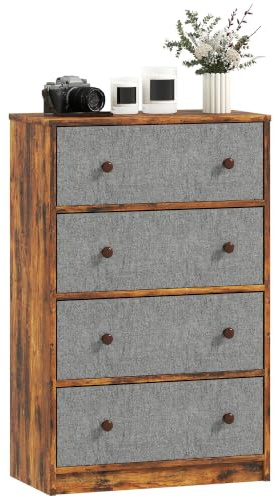 HOMCOM Chest of Drawers, Dresser, 4 Fabric Drawers, Grey and Rustic Brown | Steel Frame, Bedroom, Living Room, Hallway