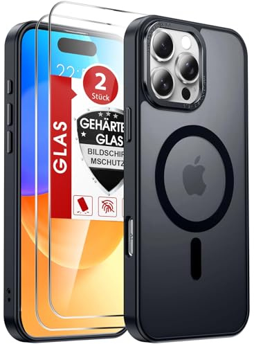 LeYi für iPhone 16 Pro Hülle für Magsafe [mit Schutzfolie 2X] TOP Militärschutz Magnetisch Handyhülle für iPhone 16pro Case Dünn Stoßfest Kratzfest Schutzhülle Cover i Phone16 Pro-hülle Matt Schwarz