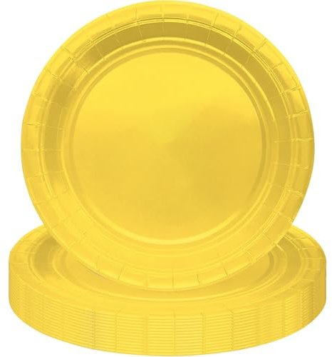 MOMAHUA Piatti per feste 16P, piatti di carta gialla, 18 cm, per adulti e bambini, decorazioni da tavola in tinta unita per compleanni, matrimoni, picnic, forniture per feste per 16 ospiti