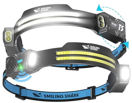 Smiling Shark Linterna Frontal, 2 Piezas Brillante Linternas Cabeza LED Recargable con 2 Haz Ancho & Foco Ajustable Sensor de Movimiento 5 Modos 2400 mAh Lámpara Cabeza para Ciclismo Pesca Camping