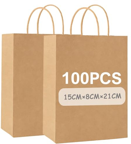 Gaoyong 100 Stück Papiertüten Klein 15x8x21cm Braune Geschenktüten Papier | Papiertüten Mit Henkel Paper Bags zum Taschen Dankesgeschenke, Festgeschenke, Hochzeit, Geburtstag(Kleine Größe,130GMS)