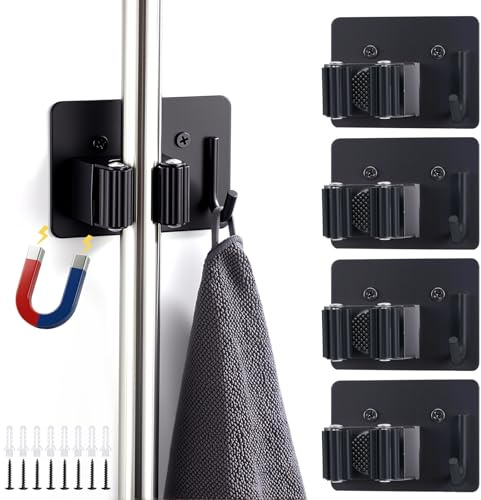 LIHAO Besenhalter Edelstahl Magnetisch, 4 Stück, Schwarz | Wandhalterung, Mit Haken, Für Garten, Keller & Haushalt