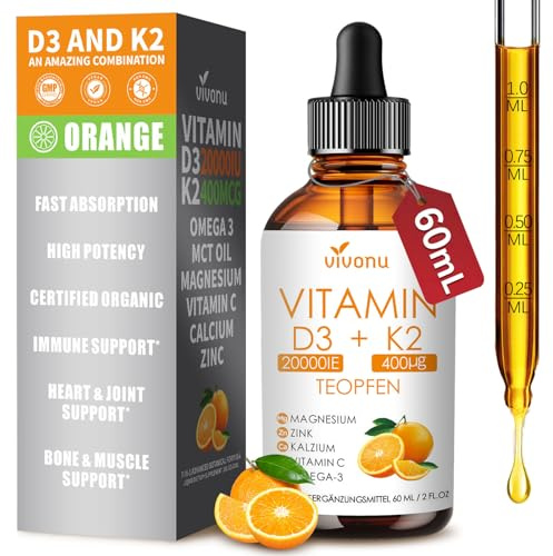 Vitamine D3 K2 20000 UI avec MK7-300 en Huile de coco vierge - 60 ml