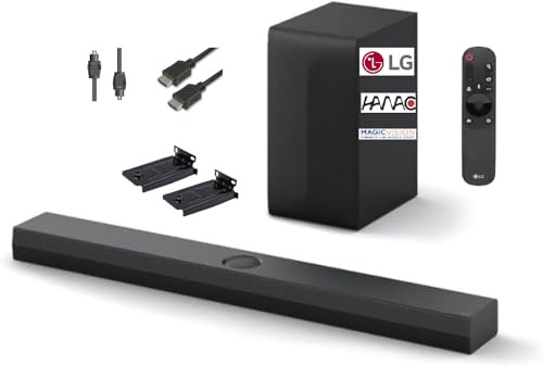 LG US70TY (HANACO) Bundle Smart Dolby Atmos Sound Bar, 400W, 3.1.1 Channels, Wireless Subwoofer and DTS Surround Sound, With Wall Brackets Remote Optical/HDMI Cable Black