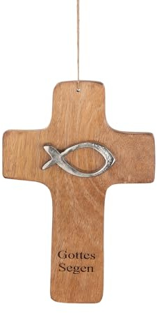 CULT at home Kreuz Wand Holzkreuz Kruzifix Wandkreuz – mit Fisch und Segensspruch – aus Mangoholz naturfarben – 13 x 19 cm