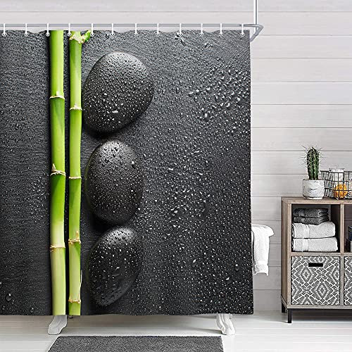 NYMB Spa Decor, Zen Garden Theme Stone and Bamboo on Black Shower Curtain, Mildew Resistant Polyester Fabric Bathroom Decorations, Bath Curtains Hooks Included, 69X70 inches, Green (Multi21)