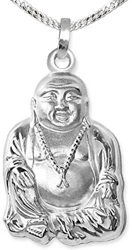 CLEVER SCHMUCK Buddha Halskette Anhänger 23 mm matt glänzend Kette Panzer 50 cm 925 Sterling Silber für Damen Herren im Schmucketui