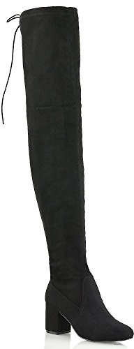 ESSEX GLAM Womens Black Over The Knee Lace Up Long Stretch Calf Block Low Mid Heel Shoes 3-8