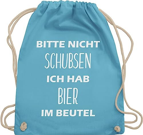 Turnbeutel Rucksack - Festival Zubehör - Bitte nicht schubsen ich hab Bier im Beutel - Unisize - Hellblau - bierrucksack festival-bag geschenk weihnachten alkohol stoffbeutel biertasche