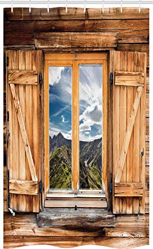 ABAKUHAUS Montagne Rideau de Douche Stalle, Montagnes et Vallées, Ensemble de Salle de Bain en Tissu en Crochets, 120 x 180 cm, Chameau Vert