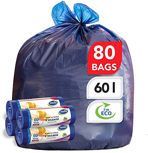 Stella pack Bolsas de basura 60L Ultra-resistentes 80 Pcs 100 Plástico Reciclado Ecológico Flexibles Cierre Wave-Top para Residuos Pesados y Uso Interior/Exterior