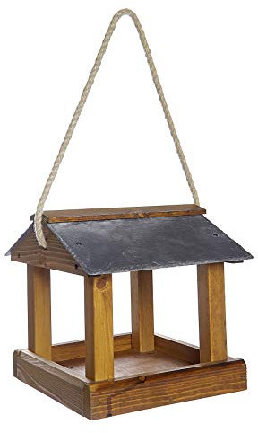 Hanging Bird Table Slate Roof Garden Wild Bird Wooden Tray House Feeder