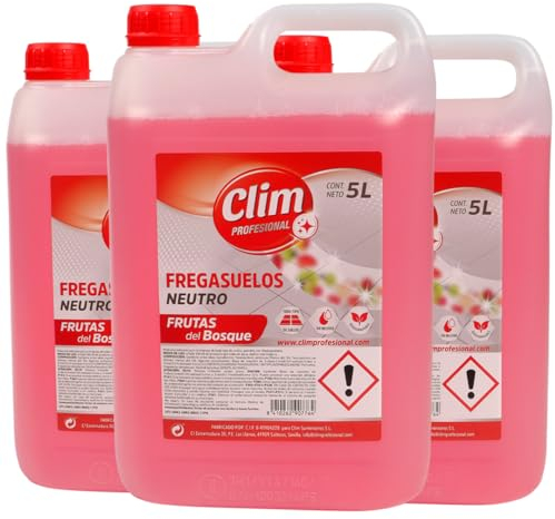 Clim Profesional 3 Fregasuelos Bio degradable de PH Neutro Válido para Todo Tipo de Suelos (Terrazo, Tarima, Mármol, Cerámica, Epoxi) y con Agradable Aroma a Frutos del Bosque. (Pack 3 garrafas de 5L)