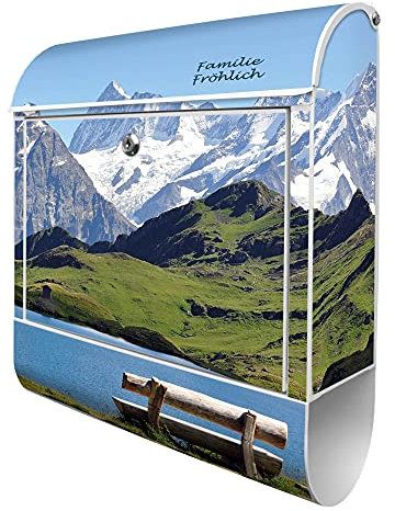 banjado® Design Briefkasten personalisiert mit Alpen 38,5x46,5x13cm & 2 Schlüssel - Briefkasten Stahl weiß mit Zeitungsfach pulverbeschichtet - Postkasten A4 Einwurf inkl. Montagematerial
