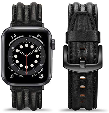 Tasikar Lederarmband Kompatibel mit Apple Watch Armband 42mm(Series 10) 41mm 40mm 38mm, Echte Leder Handgemacht Ersatz Armbänder kompatibel mit iWatch Series 10 9 8 SE 7 6 5 4 3 2 1 (Schwarz)