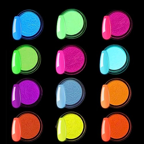 Kalolary 12 Boxes Neon Color Nail Powder Luminous Pigment Nail Powder, Acrylic Nail Powder Art Gradient Powder Rainbow Nail Glitter for DIY Nail Decoration for Halloween Christmas