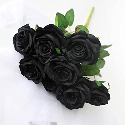 HAOSHICS - Bouquet di rose artificiali in seta, colore: nero, per centrotavola, per tavolo da pranzo, casa, ufficio, feste di nozze, confezione da 9 pezzi (nero 1 mazzo)