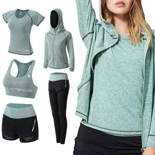 ODWTMRK Jogginganzug Damen Sport Set Sportbekleidung 5er-Set Trainingsanzug Yoga Kleidung Anzug Laufbekleidung Gym Fitness Set Kleidung(Grün-B,S)