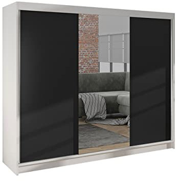 Mirjan24 Kleiderschrank Dotan I mit Spiegel, Kleiderstange und Fächer, Schlafzimmerschrank, Schwebetürenschrank, Flurschrank, Garderobenschrank, Dielenschrank (Weiß/Schwarz)