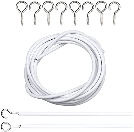 HTUK® Vorhangdraht und Haken, Set aus Kordel und Ösen für Gardinen, Schienen, Netzvorhänge, Spannstange, Vorhanghaken, Kunststoff, Weiß, 2 m - 5 m
