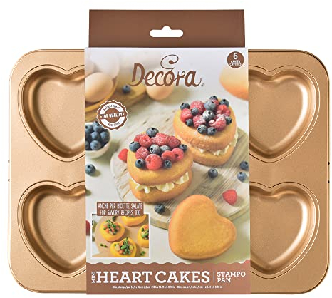 DECORA, 0070110 Moule Gold Line pour Mini-gâteaux en Forme de cœur, 12 cavités Ø 9,5 cm, Idéal pour préparer de charmants Mini-gâteaux, en Acier antiadhésif.