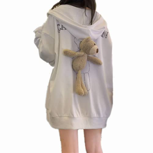 Damen Hoodie mit Bär auf der Rückseite Y2k Sweatshirt Koreanische Gothic Kapuze Ästhetische Fee Academia Preppy Alt Emo Pullover Jacke, Weiß, L