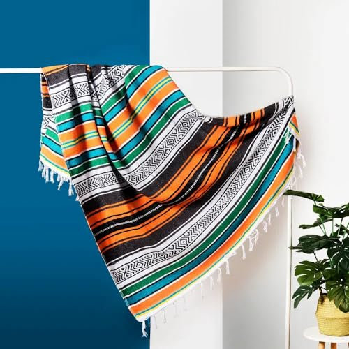 Airooglee Große mexikanische Decke, 195,6 cm L x 117,9 cm B – perfekt als Yoga-Decke, Outdoor-Campingdecke, Stranddecke, Serape-Decke, Picknickdecke, gewebte Decke, Boho-Heimdekoration – bunt