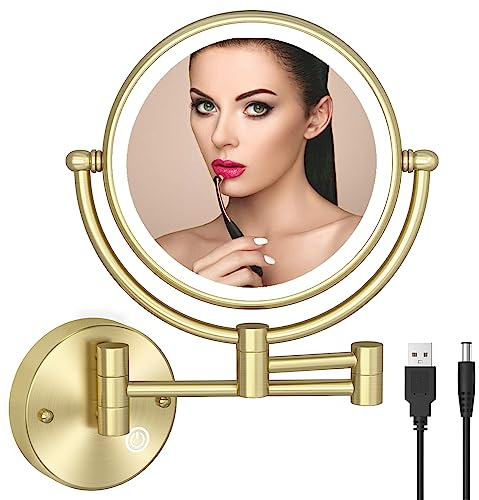 RECKODOR Kosmetikspiegel mit Beleuchtung Wandmontage,1X 5X Spiege Vergrößerung,Schminkspiegel mit Lichtspeicherfunktion,Rasierspiegel 360° Drehbar,Touchscreen,Ausziehbar und USB Wiederaufladbar-Gold