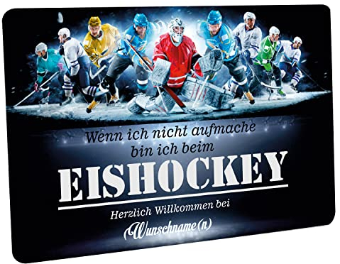 Crealuxe Fussmatte mit Wunschtext/Wunschname 'Wenn ich Nicht aufmache - Eishockey - 60x40 cm - Gummi Rückseite/rutschfest - Filzoberfläche - Bedruckte Türmatte - Innenmatte -