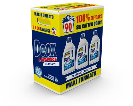 Deox - Detersivo Lavatrice Liquido Classico, 90 Lavaggi, Smacchia e Igienizza, con Formula Antiodore, 1500 ml x 3 Confezioni