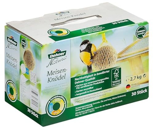 Dehner Natura Premium Mangime per uccelli selvatici, palline per cinciallegre, rete biologica, 30 pezzi, 90 grammi ciascuno (2,7 kg), 1 pezzo (confezione da 1)