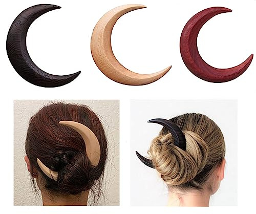 Lot de 3 épingles à cheveux en forme de croissant de lune en forme de croissant de lune, peigne en bois, outil de coiffure épais pour femme