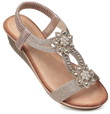 SHIBEVER Platform Sandals for Women Flower Rhinestone Low Heel Platform Sandals Elastic Ankle Strap Open Toe Dressy Summer Comfortable Shoes Champagne 7