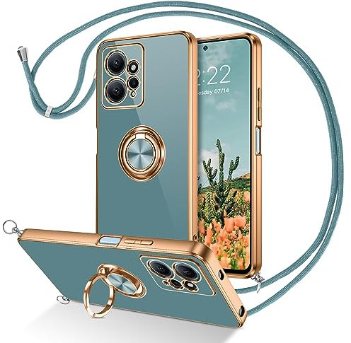 DOMAVER Coque Xiaomi Redmi Note 12 4G Cordon avec Anneau,Silicone Coque Redmi Note12 4G TPU Antichoc Étui avec Collier Douce Doublure Microfibre Housse pour Redmi Note 12 4G, Bleu - Gris
