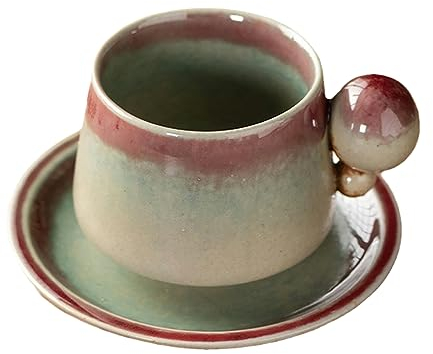 CAPIJIONG 6.67oz Ceramic kiln Coffee cup dish set creative retro Italian breakfast ball handle cup-Gourd ball handle Coffee cup - kiln turns green-200ml