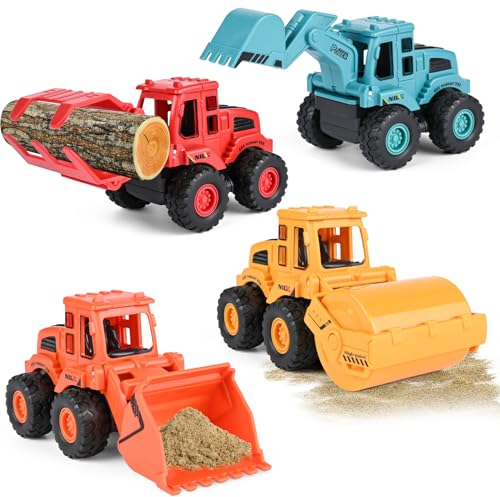 Banaone Coches y Camión de Juguete, 4 Pack Mini Coches Vehículos de Construcción, Juguetes de Excavadora para Coche, Mini Excavadora de Juguete para Niños, Niños 1 2 3 4 Años (A)