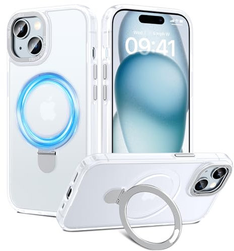 HWeggo for iPhone 15 Case Magnetic,Military Grade Drop Protection,Translucent Matte Back Non-slip Phone Cover with Invisible Stand for iPhone 15 6.1,Clear-white