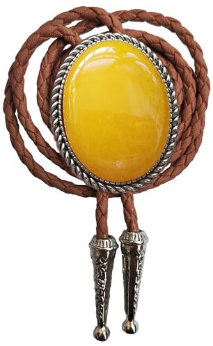 Himongoo Bolo-Krawatte aus natürlichem Edelstein – braunes Leder, Hochzeits-Krawatte für Männer und Frauen – Western-Stil Bolo-Krawatte, Große gelbe Jade, M